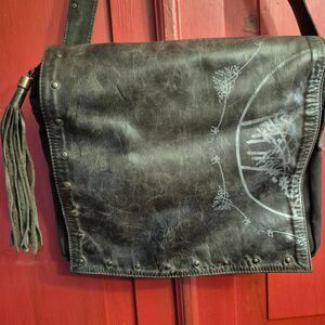 Vintage Volare Grey Leather Flap Messenger Bag Purse Asian Theme Rivets Boho EUC